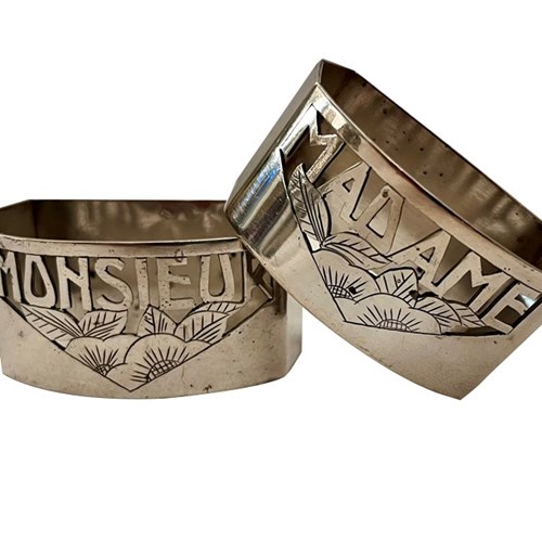 Pair Of Art Deco Madame & Monsieur Silver Plate Napkin Rings