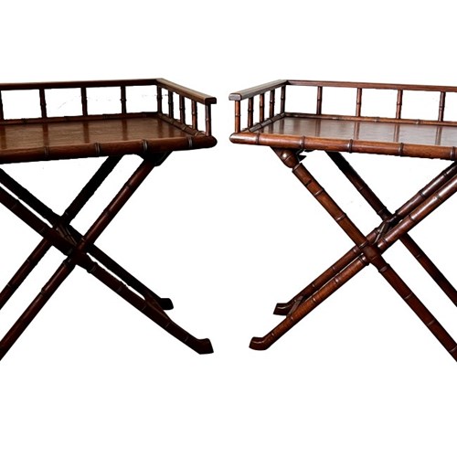 Pair Of Folding Campaign Style Faux Bamboo Side Tables