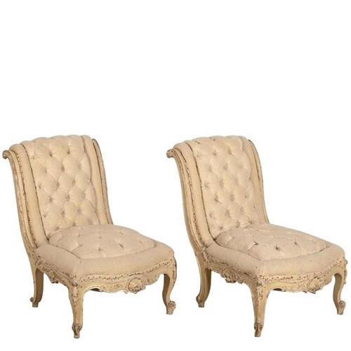 Pair Of Scroll Back Tufted Slipper Chairs