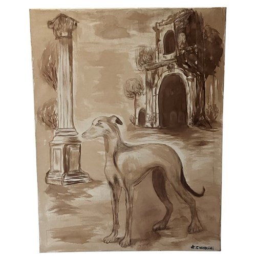 Large Italian Sepia Painting Of A Greyhound