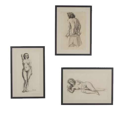 Set Of Three Framed Mid Century French Nude Studies