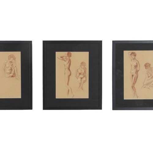 Set Of Three Framed 20Th Century French Sanguine Nude Studies