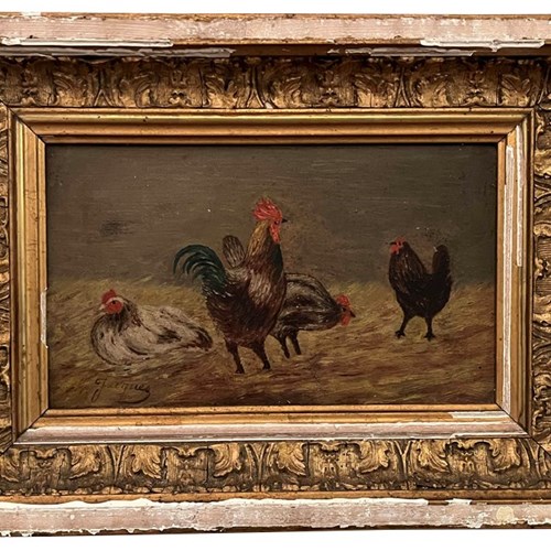 Small 19Th Century French Oil Painting Of Chickens
