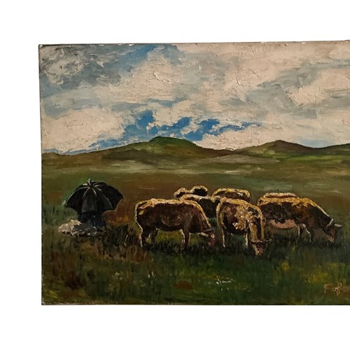 Small 20Th Century Painting 'The Cattle'