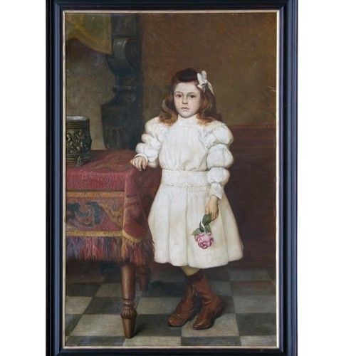 Large 19Th C Oil Painting Of Young French Girl