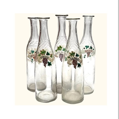 Set Of 5 Vintage Restaurant Decanters With Handpainted Labels From France.