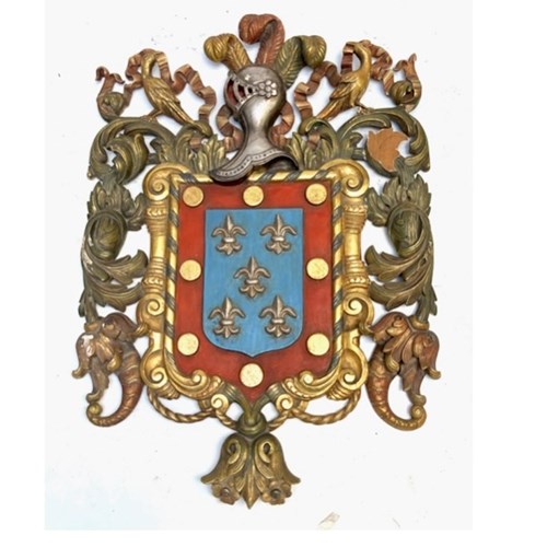 Carved Pine Polychrome  Painted French Coat Of Arms With Fleurs-De-Lys