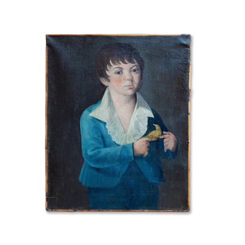Oil Painting Of French Boy Holding Bird., Early 19Th C.