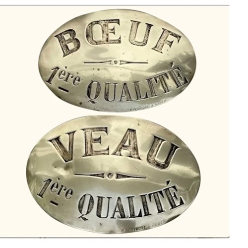 Rare Pair Of Engraved Brass Signs From French 'Boucherie' - Boeuf & Veau