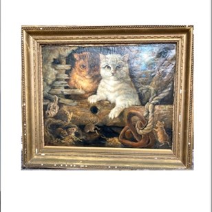 19Th Century Oil Painting Of 2 Cats...
