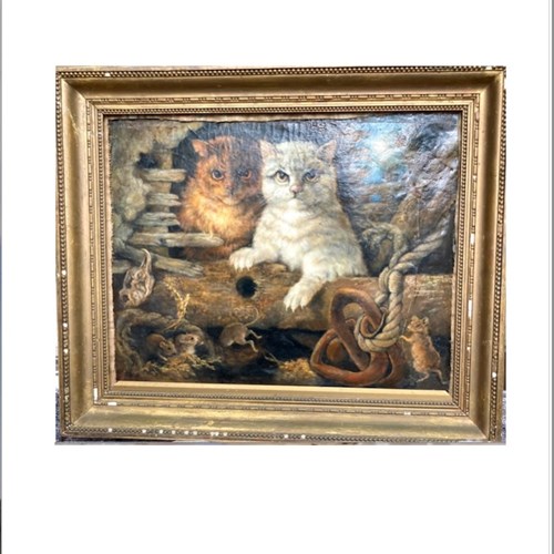 19Th Century Oil Painting Of 2 Cats On A Night Hunt