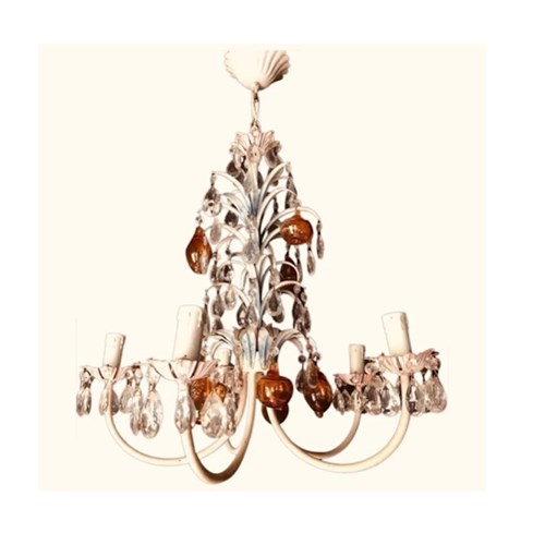 Vintage Italian Chandelier With Crystal Droplets & Amber Pears