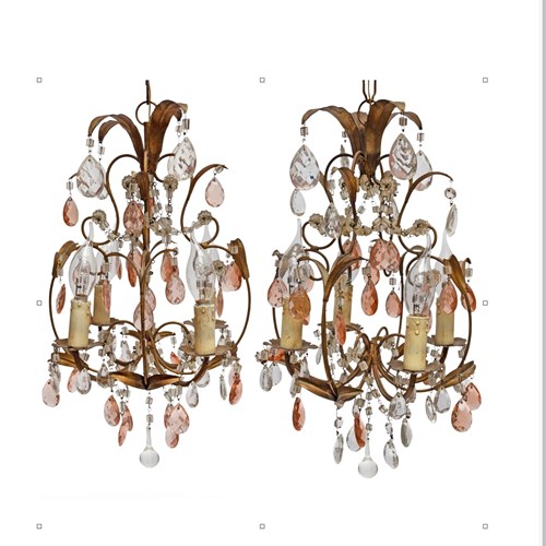 Pair Of Small 'Cosy' Chandeliers From Italy With Amber And White Cut Droplets
