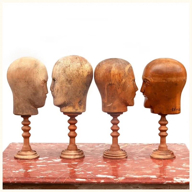 Early 20Thc. Carved Wooden Wig Maker's Heads On Stands (Price Each