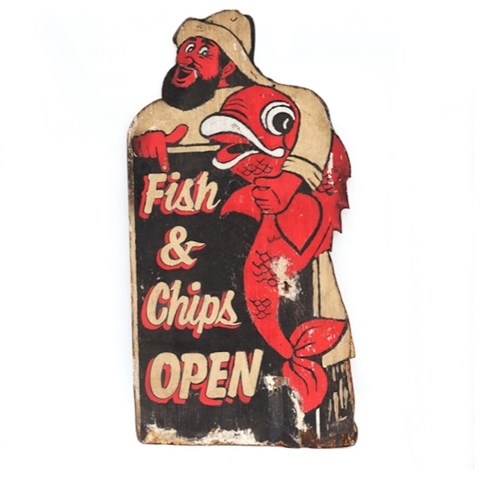 Double-Sided Painted Plywood Sign 'Fish & Chips-OPEN' - Fisherman & Giant Cod 