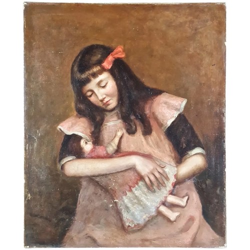 19Thc.Oil Painting Of Young Girl Cradling Her Doll