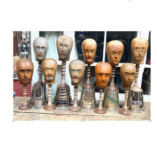 Collection Of 10 Wig Maker's Wooden Heads On Stands (C1900-1925)