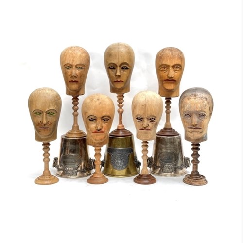 Early 20Th Century Wig Makers' Wood Mannequin Heads On Turned Stands