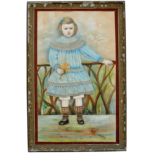  Signed Naive Portrait In Pastels Of A Young French Girl