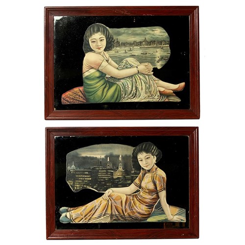 Pair Of 1930'S  Mirrors With Shanghai 'Beauties'