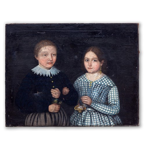 Early 19Th C. Naive Oil Portrait Of A Brother & Sister