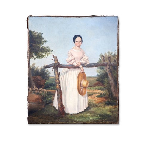 Early 19Thc. Oil Portrait Of Woman In Countryside