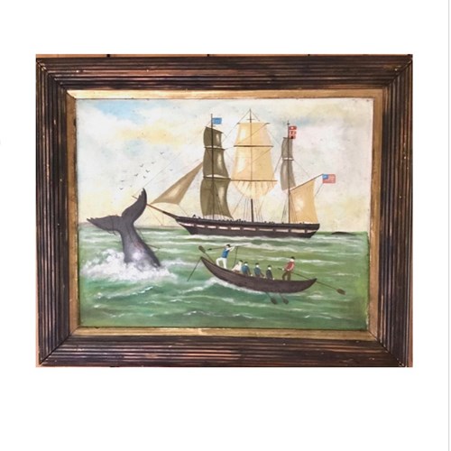 !9Th Century Oil Painting Of A Whaling Ship With Whale Being Harpooned.