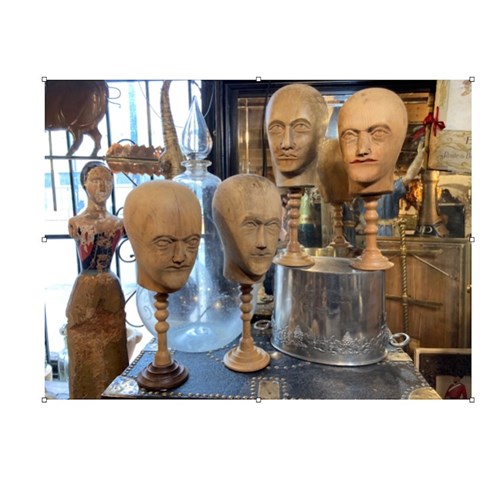 Early 20Th Century Wig Makers' Wooden Mannequin Heads Mounted On Turned Stands