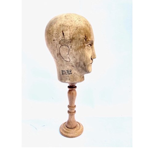 Wig Maker's Wooden Work/Display Head On Stand With Maker's Trademarks