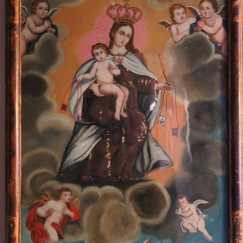 Glass Painting Of Madonna & Child, 18C Spain