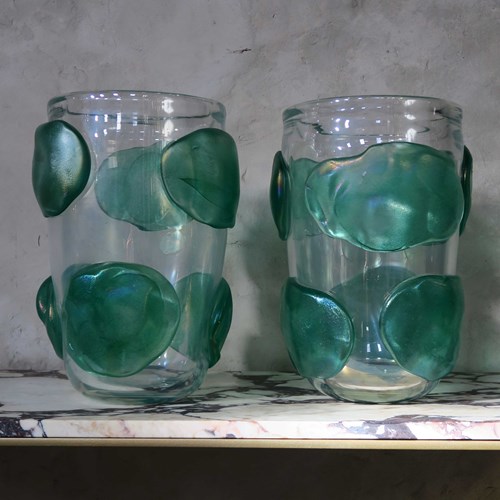 Pair Aqua Murano Vases, Italy