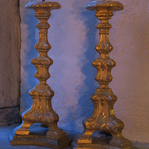 Pair carved gilt wood candlesticks, c1750, Italy