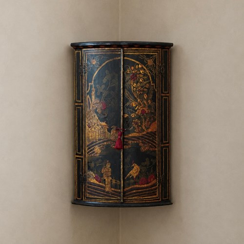 19Th Century Bow Front Japanned Chinoiserie Corner Cupboard