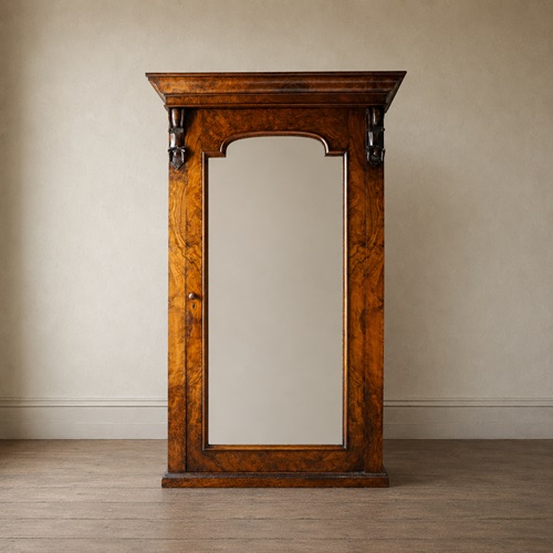 Victorian Figured Walnut Single Mirrored Wardrobe, C.1870
