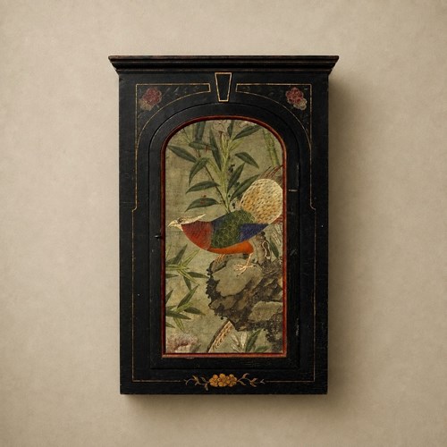 Oriental Style Ebonised Painted Wall Cupboard Cabinet With Hand Painted Bird