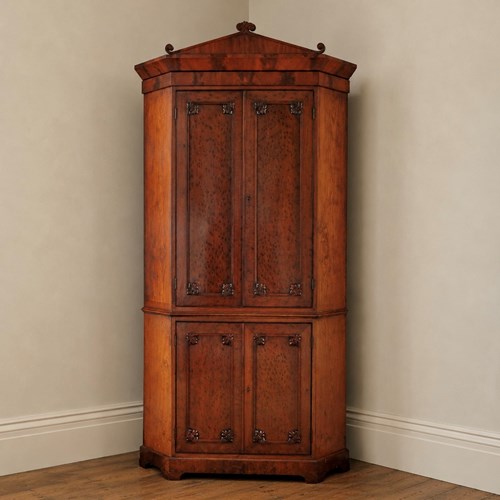 Large William IV Plum Pudding Mahogany Corner Cupboard C.1835 With Keys
