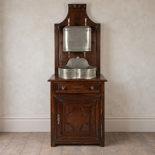 18Th Century French Provincial Chestnut Lavabo Cabinet With Pewter Cistern