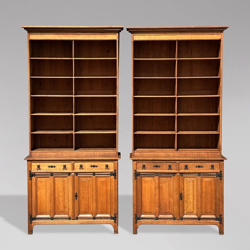 Pair Of  Arts & Crafts Tall Oak Bookcases