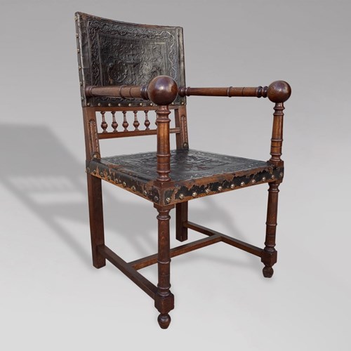 French Henri II Oak And Leather Armchair