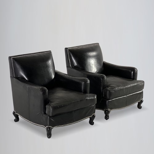 Pair Of Black Leather Club Armchairs