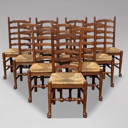 Set Of 10 Oak Lancashire Ladder Back Dining Chairs