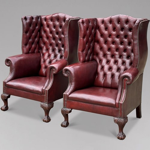 Excellent Pair Of Leather Wing Armchairs