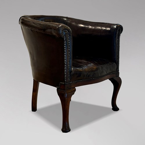 19Th C Brown Leather Tub Desk Armchair