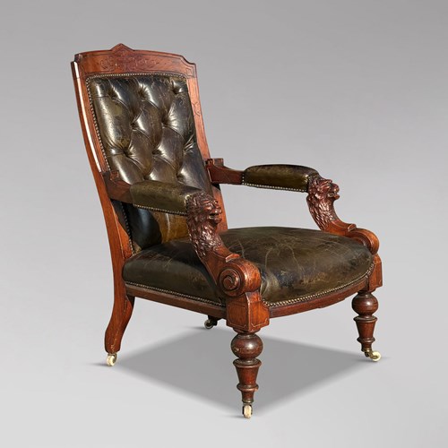 Arts & Crafts Carved Walnut Leather Armchair