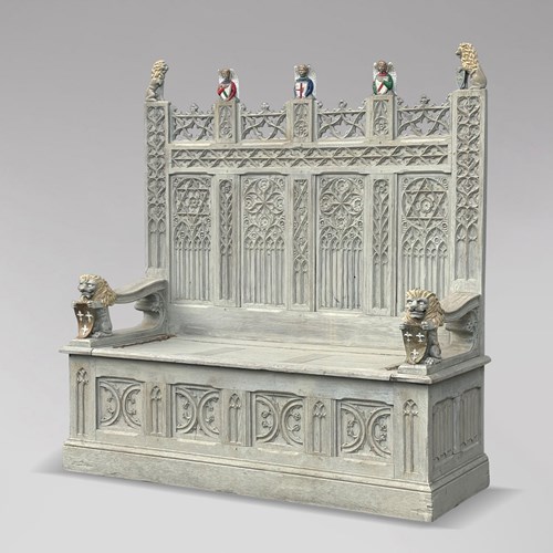 Carved Painted Gothic Revival Hall Bench