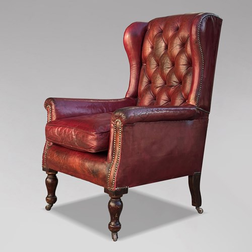 Untouched 19Th C Victorian Red Leather Armchair