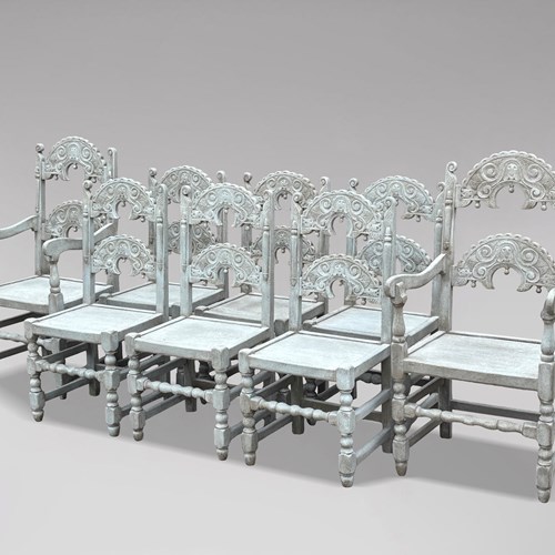 Set Of 8 Painted Carved Dining Chairs