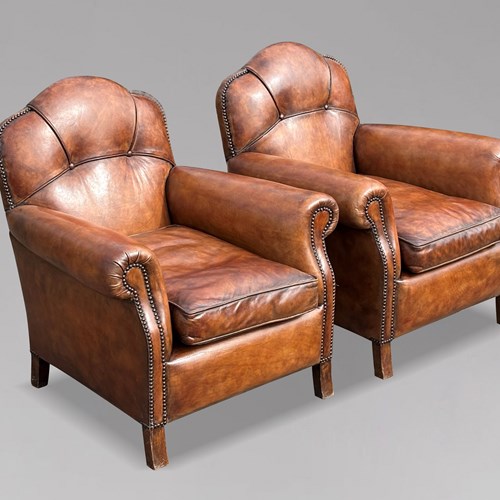 Pair Of Mid 20Th C French Leather Club Armchairs
