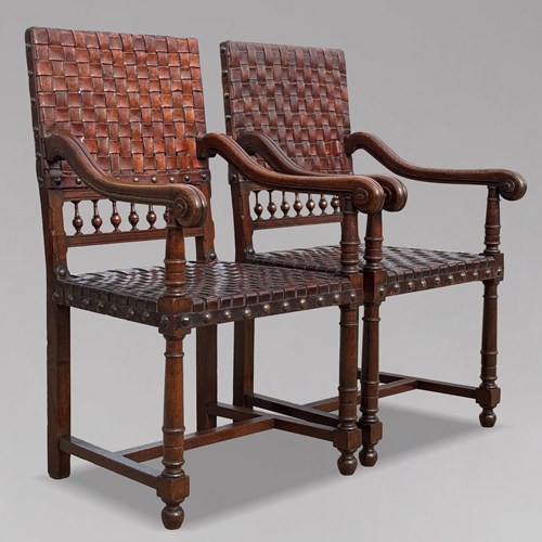 Pair Of 19Th C Oak Woven Leather Armchairs