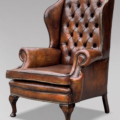19Th C Brown Leather Wing Back Armchair